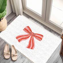 1pc Minimalist Style Red & Pink Striped Bow Pattern Printed Faux Wool TPR Bottom Doormat, Bathroom Mat, Kitchen Mat, Laundry Room Mat, Holiday Decor, Home Decor, Party Decor, Wedding Decor, Dining Decor