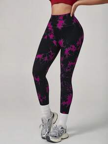 High Waisted Seamless Slim Digital Printing Leggings For Women -Resilient Soft Touch Quick-Drying Breathable 4-Way Stretch Butt Lifting Legging, For Hiking Running Cycling Yoga Pickleball Exercise Casual - 紫色 - 查看 5
