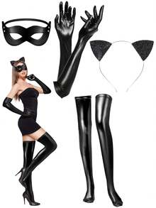4/6 Stücke Damen Halloween Katzen Kostüm Zubehör Set, inklusive Katzen Maske Haarband, Kunstleder Handschuhe, Overknee Strümpfe, geeignet für Karneval Themen Party, Cosplay - Schwarz - Übersicht 1