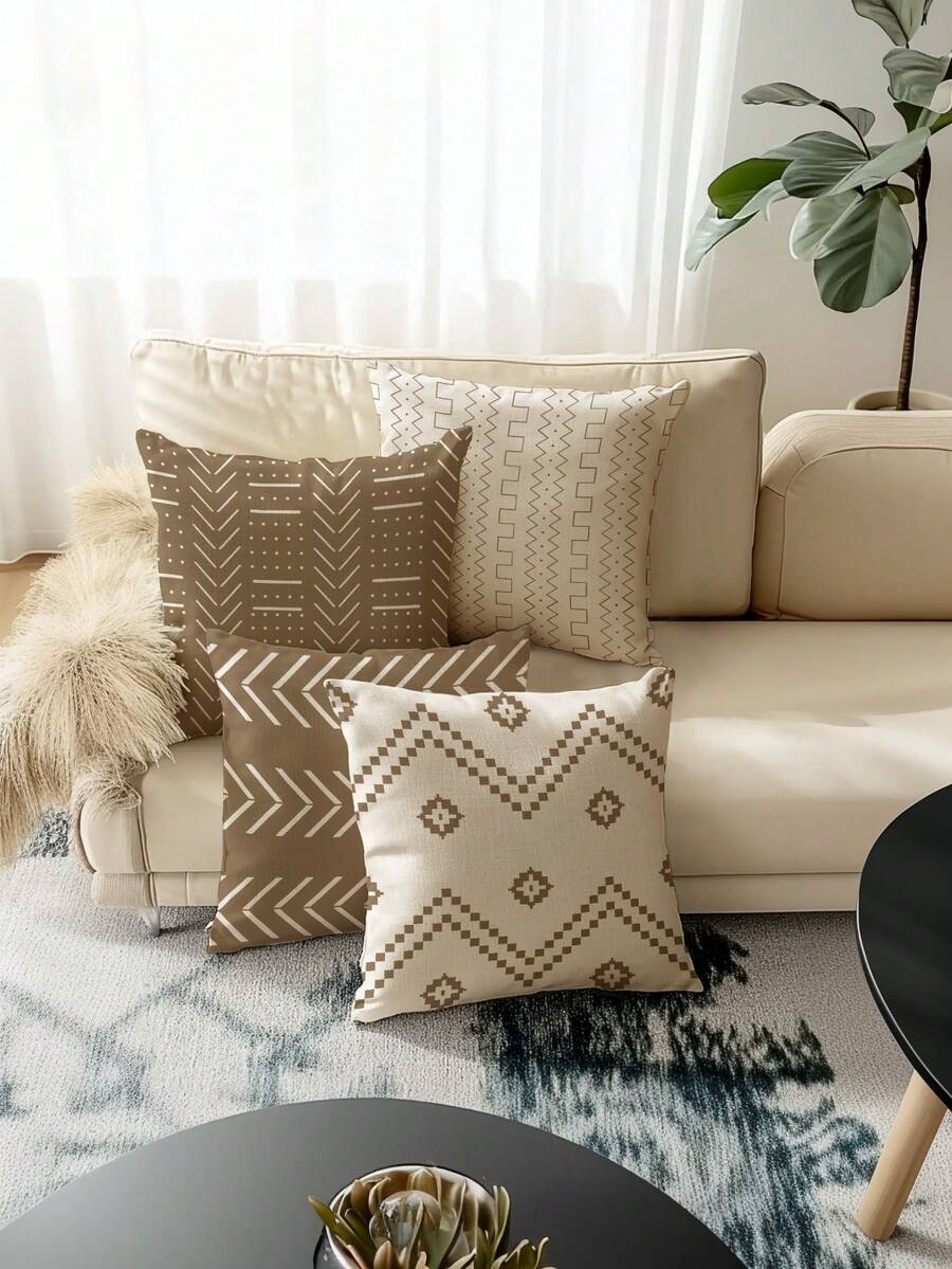 4 vỏ gối nghệ thuật tối giản cổ điển màu nâu - Vỏ gối vải lanh pha trộn, thêm nét nghệ thuật cho phòng khách, phòng ngủ và văn phòng - Trang trí nhà hiện đại, có khóa kéo, in một mặt, có thể giặt bằng máy (không có ruột gối) - màu nâu - Xem 1