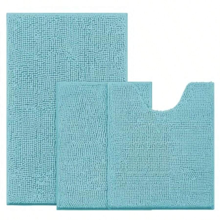 Aqua Blue Bathroom Rugs Sets 3 Piece Non Slip Extra Absorbent Plush Chenille Soft Washable Bath Mats For Home Bathroom Floor Use Ideal For Wet Surfaces And High Traffic Areas Comfortable And Quick Drying - 15x28長方形x2U形x1 - 查看 1