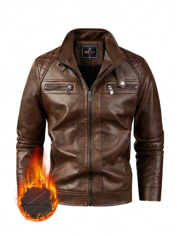 Plus Size Men's Thick Velvet Collar Striped Double Zipper PU Leather Motorcycle Jacket, Autumn/Winter