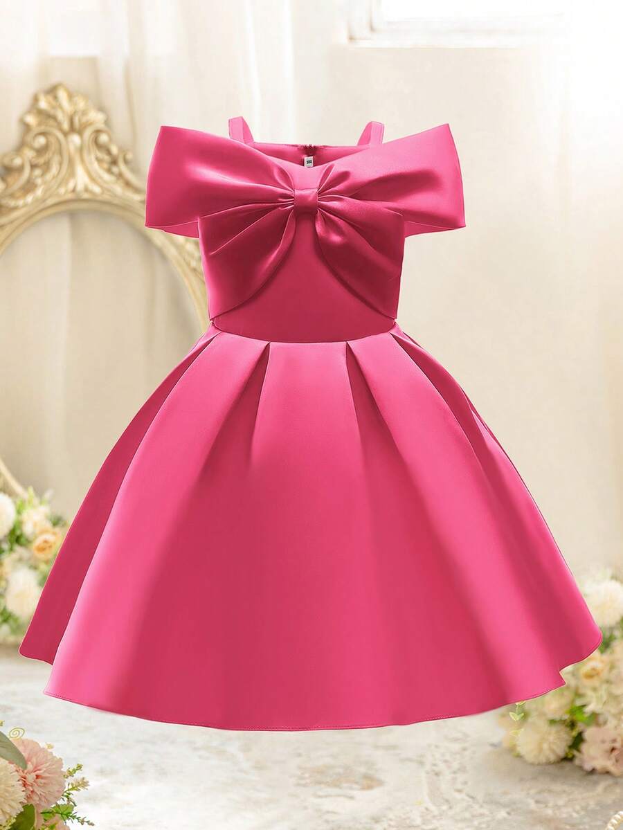 EHOMKIDS Young Girl Solid Color Satin Large Bow Decorated Princess Wedding Party Dress