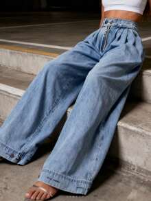 Women Harem Denim Pants Causal High Waist Wide Leg Baggy Solid Color Trousers With Pockets - 藍色 - 查看 8