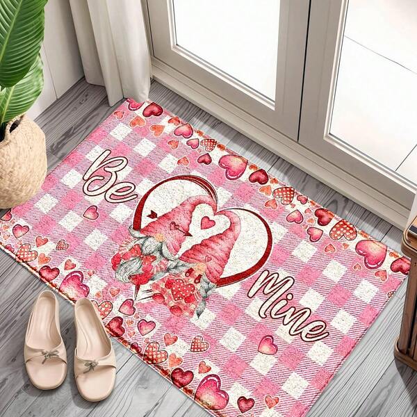 1 pieza Felpudo con tema del Día de San Valentín, con cuadros rosas y blancos, cubierto con estampados de corazones rojos y rosas, rosas, labios y texto "Amor", superficie de felpa sintética y base de TPR, para decoración del hogar, fiesta, boda, comedor.