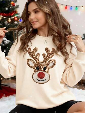 Women's Christmas Realistic Heat Transfer Printed Reindeer Sequin Appliques Sweatshirt, Crew Neck, Regular Fit, Warm Inner Lining.