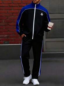 Men's Letter Print Contrast Color Full Zip Hoodie And Sweatpants Set