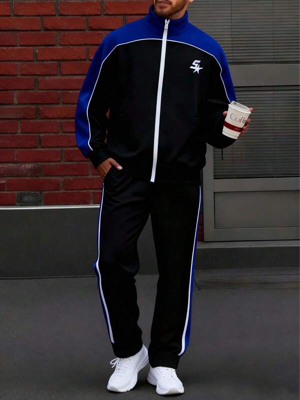 Men's Letter Print Contrast Color Full Zip Hoodie And Sweatpants Set