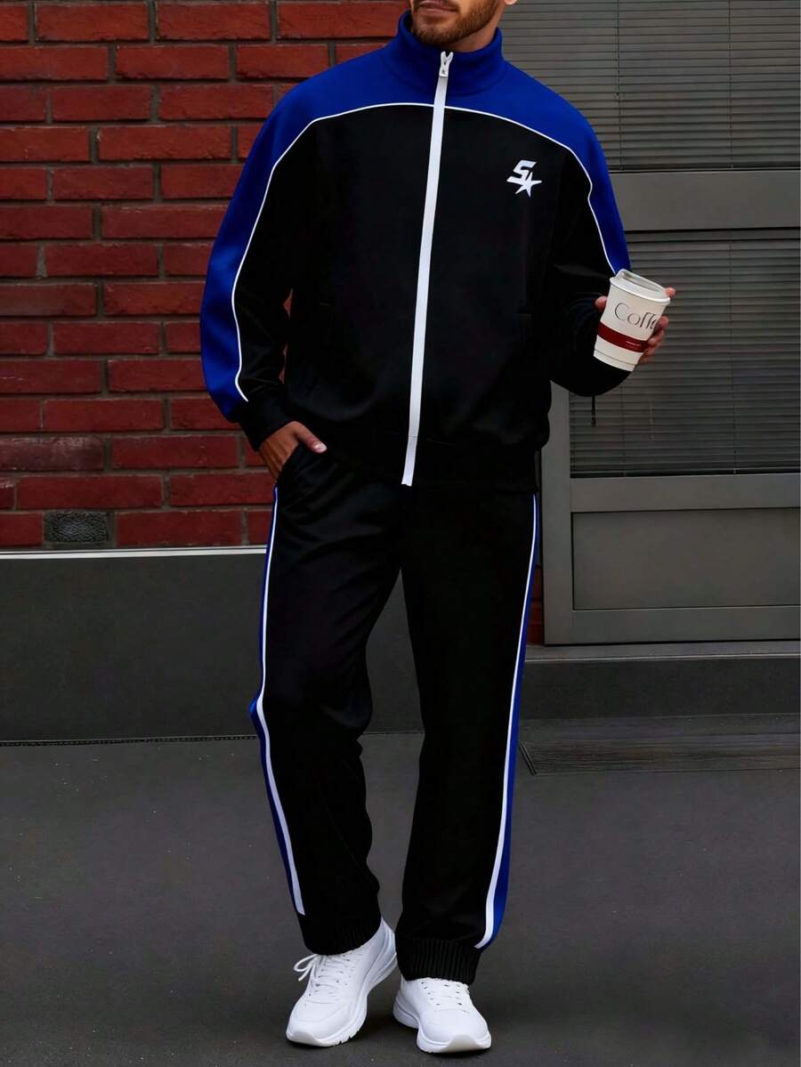 Men's Letter Print Contrast Color Full Zip Hoodie And Sweatpants Set