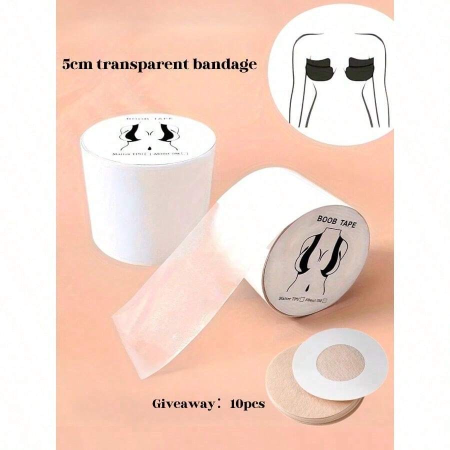 1 Roll Of Transparent Bandage 5 Meters Long, 10 Pieces Of Disposable Non-Woven Round Nipple Stickers - Thông thoáng - Xem 1