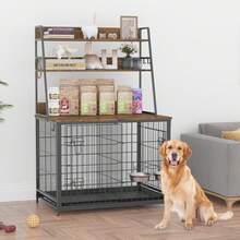 Caseta para perros de 145 cm con estantes y bandeja extraíble, caseta para perros de interior con 2 puertas y 2 comederos ajustables. - Marrón - Ver 1
