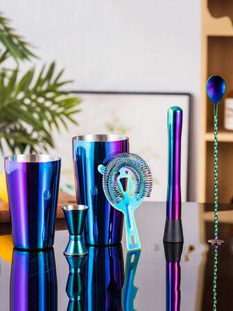 Set di frullatore in acciaio inossidabile per bar da cucina, set di strumenti per mescolare cocktail, adatto per uso domestico, ristorante, regalo per amici, tazza Boston placcata a colori, set da 6 pezzi