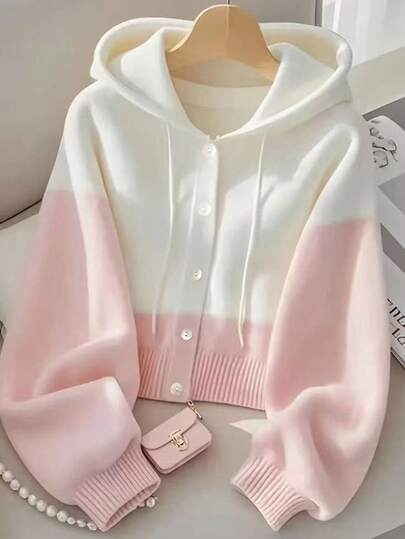 女士休闲撞色长袖连帽针织开衫