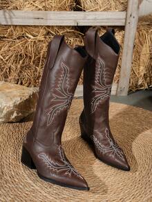 2025新款时尚女靴，黑色西部风格超纤皮革刺绣尖头粗跟高跟靴，适合度假、秋冬季穿着。 - 棕色 - 查看 7