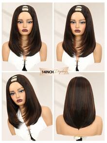 U Part Layered Straight Long Highlight Brown Wig For Women Wigs Glueless Full Wig Synthetic Wear And Go None Lace Hair Heat Resistant Natural Hair For Party Or Costume Wigs - Brown Highlight - View 5