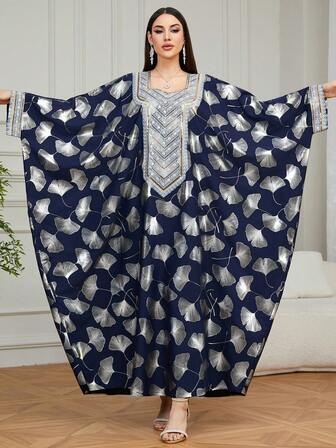 SISKAKIA 一件优雅花卉印花刺绣大码连衣裙，宽松蝙蝠袖，适合度假和所有季节穿着。