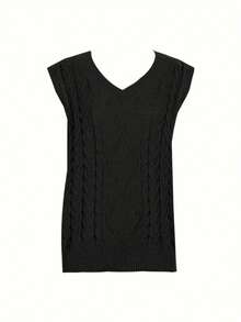 Plus Size Women V-Neck Vest Retro Versatile Knit Pullover Sweater - Black - View 2
