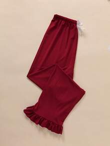 2 件套女童红色蕾丝拼布方领长袖松紧腰裤睡衣套装，春秋 - 紅色 - 查看 11