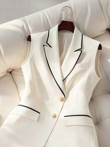 Women's Fashionable Versatile Elegant Commuter Contrast Color Ribbon Front Button Office Blazer - Rice - View 5