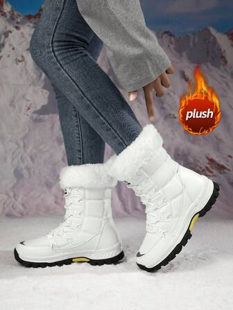 Women's Snow Boots, New Autumn/Winter High-Top Mid-Calf Lace-Up Comfortable Thick-Soled Non-Slip Durable Solid Black Casual Boots, Suitable For Young Women, Fashionable Outdoor Hiking Adventure, Thick Plush Lining, Waterproof Leather Upper, Comfortable And Warm