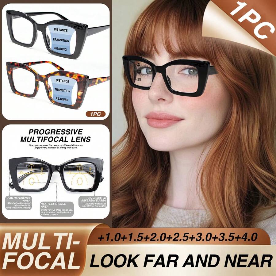 1pc Fashion Large Frame Multifocal Reading Glasses, 2-In-1 Progressive Lens, Classic Black & Leopard Print Elements, Flexible Spring Hinges For Comfortable Fit, Elegant Ladies Bifocal Glasses For Daily Office Reading