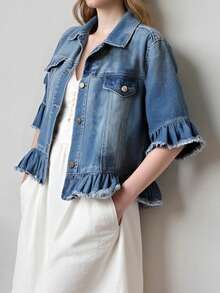 Womens Denim Jacket Casual Button Down Ruffle Short Sleeve Summer Oversized Shirt - Blue - View 3