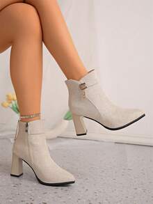 Women's Pointed Toe Elegant Minimalist Side Zipper Rhinestone Decor Black & Beige Color Block Chunky Heel Ankle Boots, Versatile