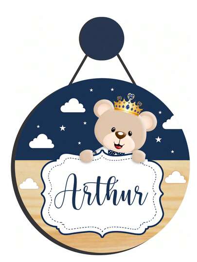 Enfeite Porta Maternidade Urso Príncipe, Ursinho - Decoração quarto infantil - bebê. Nome personalizado em 3d. Pendurador Incluso. Guirlanda Redonda.