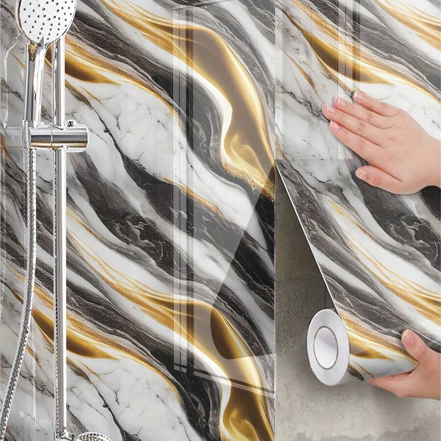 1 Roll Gray & Black Glossy Marble Pattern Self-Adhesive Wallpaper: Waterproof, Oil-Resistant, Heat-Resistant, Suitable For Renewing Kitchen Cabinets, Countertops, Bathroom Vanities, Dining & Coffee Tables Wall Paper Wall Stickers Wall Decor Room Decor Bedroom Decor