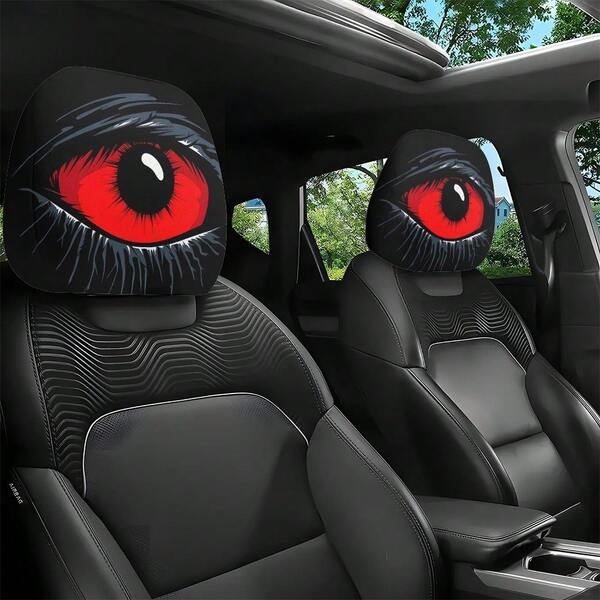 2pcs Red Evil Eye Print Car Headrest Covers, Washable Easy Installation, No Filling Material, Suitable For Long Driving To Relieve Fatigue, Interior Decor, Perfect Halloween Gift