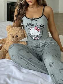Sanrio 2 件套 Hello Kitty 印花女式吊带短款上衣 + 松紧腰直筒裤睡衣套装 - 灰色 - 查看 4