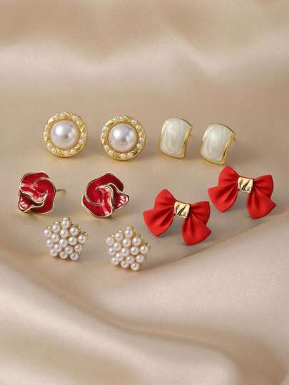 Set de 5 piezas de aretes de estilo vintage con diseño geométrico de pentágono y perlas falsas, set de aretes elegantes minimalistas con moño de camelia roja, adecuado para uso diario y festividades de mujeres