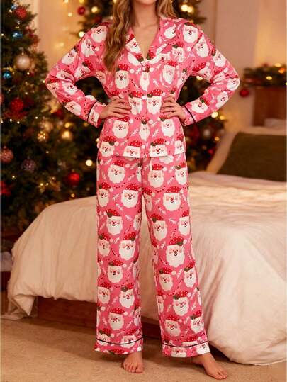 Womens Christmas Pajamas Set Long Sleeve Oversized Button Down Shirt And Pants Loungewear