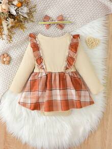 idolCat Baby Girls' Cute Big Bow Long Sleeve Gingham Romper Dress And Headband For Daily Play In Fall Outdoor - Rust Brown - View 3