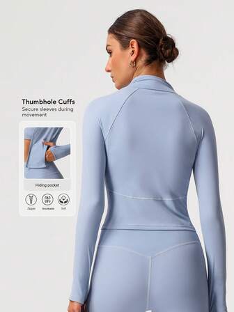 Sodalemon 女士健身户外训练跑步夹克 拉链长袖带拇指孔运动服 拉链口袋休闲运动夹克