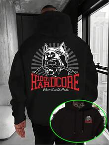Sudadera con Capucha de Estilo Hardcore y Moderno, Letras "% HARDCORE" "Úsala con Orgullo", Impresión Creativa de Perro con Cadena, ¡Una Fusión de Estilo Hardcore y Moda! Sudadera con Capucha para Hombre, Tejido Seleccionado Amigable con la Piel, Tacto Suave y Delicado, Adecuada para el Viaje al Campus, Ocio en la Calle o Relajación en Casa, Ayudándote a Estar Cómodo y a la Moda. - Negro - Ver 1