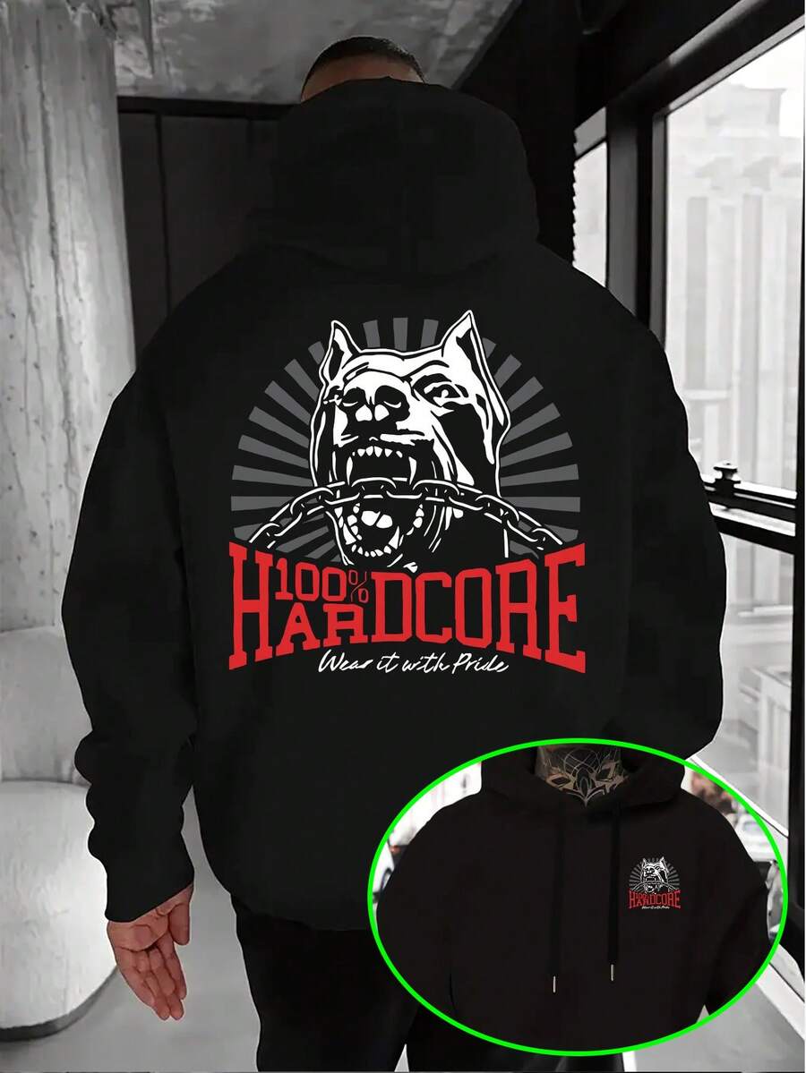 Sudadera con Capucha de Estilo Hardcore y Moderno, Letras "% HARDCORE" "Úsala con Orgullo", Impresión Creativa de Perro con Cadena, ¡Una Fusión de Estilo Hardcore y Moda! Sudadera con Capucha para Hombre, Tejido Seleccionado Amigable con la Piel, Tacto Suave y Delicado, Adecuada para el Viaje al Campus, Ocio en la Calle o Relajación en Casa, Ayudándote a Estar Cómodo y a la Moda. - Negro - Ver 1