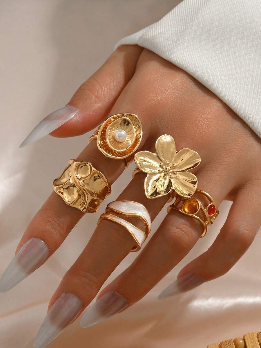 5pcs/Set Vintage Metal Flower Colorful Rhinestone Design Rings, Faux Pearl Inlaid Enamel Rings, Suitable For Women Daily Outfit, Decoration, Dating, Gathering, Party Wear