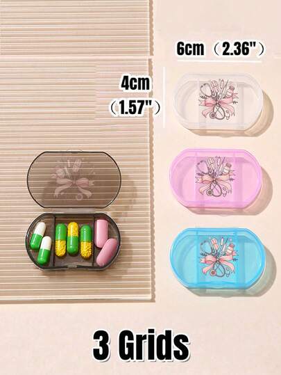 Oval Medicine Box With A Pink Bow And Stethoscope Pattern, Three Compartment Portable Pill Storage Medicine Box, Mini Storage Box, Portable Jewelry And Medicine Box, Personalized Creative Gift With Letter Logo, Suitable For Travel, Outdoor Activities, Bags, Pockets, Unique Design Decorative Travel Storage Box, Medicine Storage Box