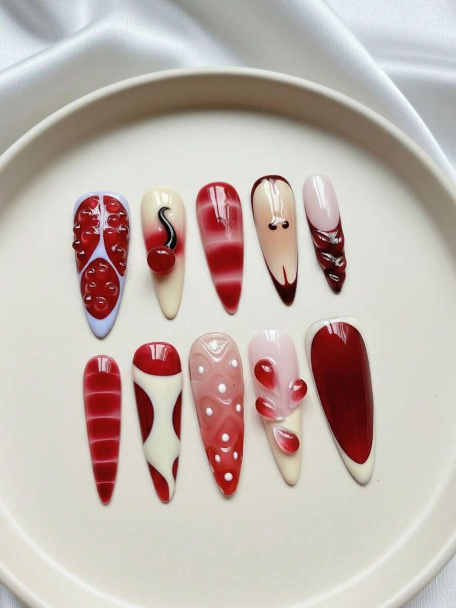 Brighten Your Nails – 10PCS Fall/Winter Long‑Length Almond Handmade Press On Nails, Red Gradient Cream French Tip Nails With Hand‑Painted Apple, Strawberry & Pomegranate Art, Droplet & Cherry 3D Emboss, Removable Reusable Nail Set (Includes Nail Glue & Nail File) – & Cute Christmas Nails Autumn Winter Nails