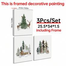 3 pièces Impressions sur canevas de Noël, Forêt d'hiver, Art de cabane de renne, Décoration murale thème mode, Œuvre d'art de vacances pour la maison, Décoration de Noël, Art mural sur canevas, Affiches pour la chambre, Décoration de la maison, Décoration de chambre esthétique, Accessoires de décoration de chambre. Cadre en option, Décoration de chambre.