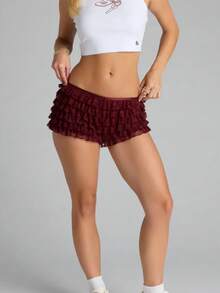 Women's Y2k Layered Lace Shorts Casual Stylish Solid Color Elastic Waist Low Rise Shorts Casual Mini Shorts For Spring/Summer Streetwear Beach Party Wear - 降紅色 - 查看 3