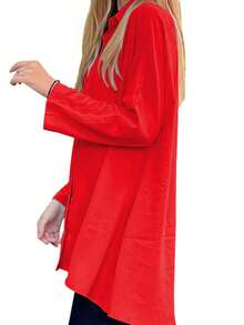 Womens Oversized T Shirts Button Down Long Sleeve Shirt V Neck Collar Loose Flowy Blouse - 紅色 - 查看 3