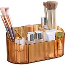 Capacity Brush Holder, 5 Slot Brush Holder, Vintage Striped Make Brush Holder, Vanity Decor, Bathroom Countertops, Desk Storage Container, Cosmetic Display Cases - Yellow - View 1