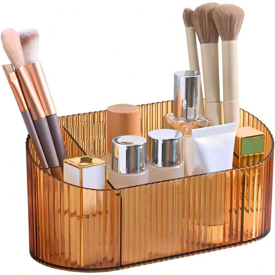 Capacity Brush Holder, 5 Slot Brush Holder, Vintage Striped Make Brush Holder, Vanity Decor, Bathroom Countertops, Desk Storage Container, Cosmetic Display Cases - Yellow - View 1
