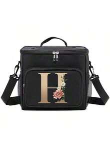 Insulated Lunch Box Bag Shoulder Canvas Bags Thermal Lunch Box Initial Name A To Z Gold Letter Flower Printing Large Capacity Tote Bag For Women's Portable Work Food Storage Handbags Cooler Box For Office School Picnic Camping Travel Lunch Bag Woman For Women Ladies School Supplies Stuff Accessories - màu đen - Xem 11