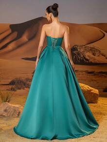Satin Strapless Prom Dresses With Twist Corset Elegant A Line Floor Length Formal Evening Party Gown For Women Sleeveless Homecoming Dresses For Teen Lace Up Back Ball Gown - Dark Green - View 2