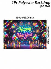 1 pezzo Striscione di sfondo fluorescente per Felice Anno Nuovo, stile palloncino con fuochi d'artificio per Felice Anno Nuovo, in poliestere, bandiera appesa, sfondo per celebrazioni, feste in casa, eventi familiari, photobooth, decorazioni per pareti, regali di Capodanno, decorazioni per giardini e cortili, decorazioni per feste, accessori per photobooth, decorazioni per il 2026