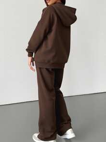 2pcs Solid Color Casual Zip-Up Hoodie Set, Suitable For Beach, Office, Workout, Home, Street, Spring, Autumn, Winter, Graduation, Back To School, Women Teachers, Fall Clothes, Winter Clothes, Halloween Costumes, Saudi National Day Clothes - 棕色 - 查看 3