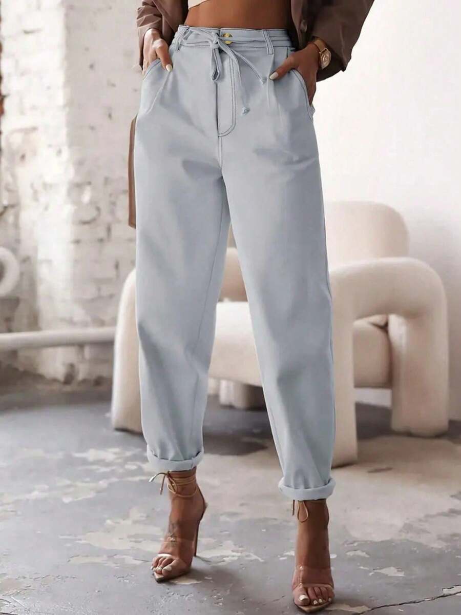 Women's Solid Color Pleated Pocket Casual Tapered Pants Spring